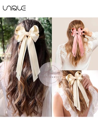2PCS Hair Clip, Butterfly Knot Hair Bow Ribbon with Metal Clip for Women Girls Toddlers Teens Kids(Beige, Pink) - view 4
