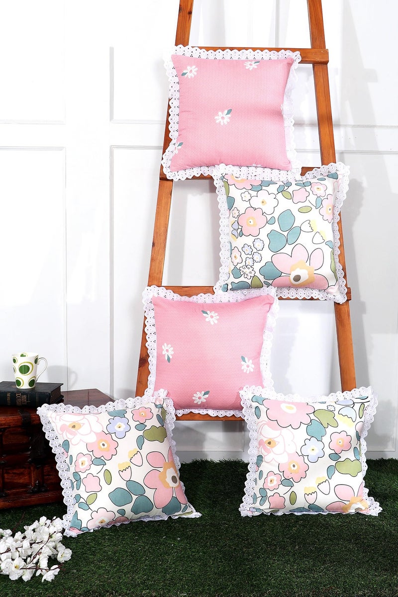 RD TREND® Cushion Covers 18x18 Inches Set of 5 | White Lace Border Decorative Cushion Cases | 310 TC Cotton Floral Printed Throw Pillow Covers for Sofa, Bed & Living Room-Pink Floral - Image 5