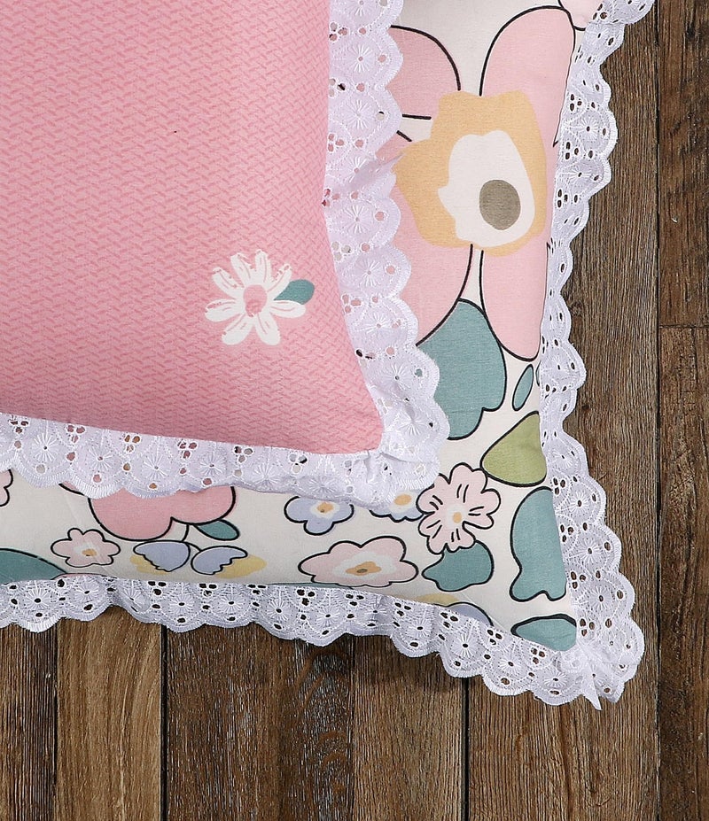 RD TREND® Cushion Covers 18x18 Inches Set of 5 | White Lace Border Decorative Cushion Cases | 310 TC Cotton Floral Printed Throw Pillow Covers for Sofa, Bed & Living Room-Pink Floral - Image 3