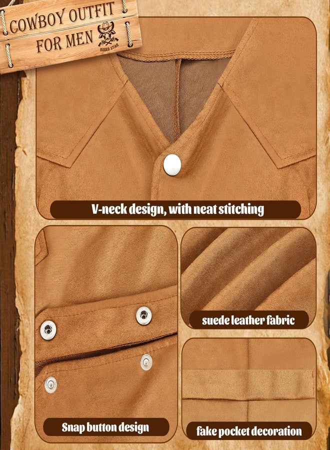 RIOSO طقم زي رعاة البقر الرجالي من ريوسو، مصنوع من جلد الغزال الغربي، يتضمن سترة وحزام وربطة عنق، لون بني، مقاس XL - Image 5