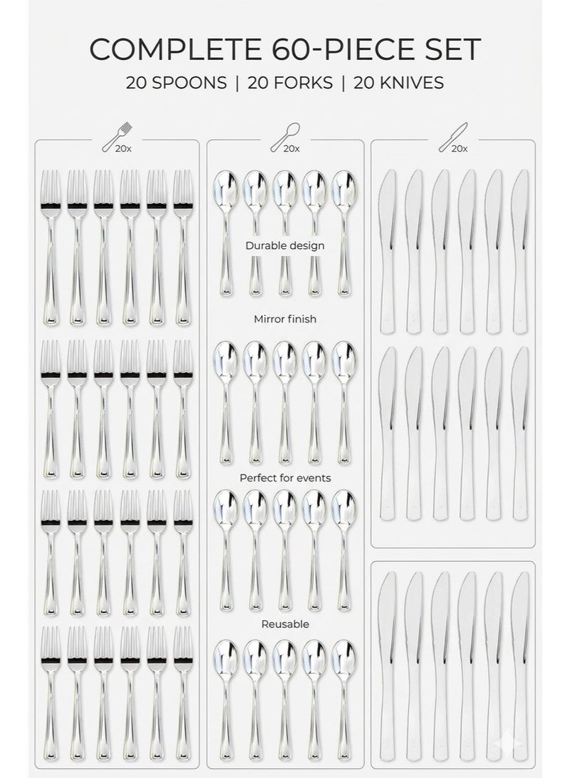 4basix Premium Silver Plastic Cutlery Set, 60 Pieces Flatware Collection Includes 20 Spoons 20 Forks And 20 Knives, Reusable Dining Tableware Set For Home Kitchen Serving And Events - Image 2
