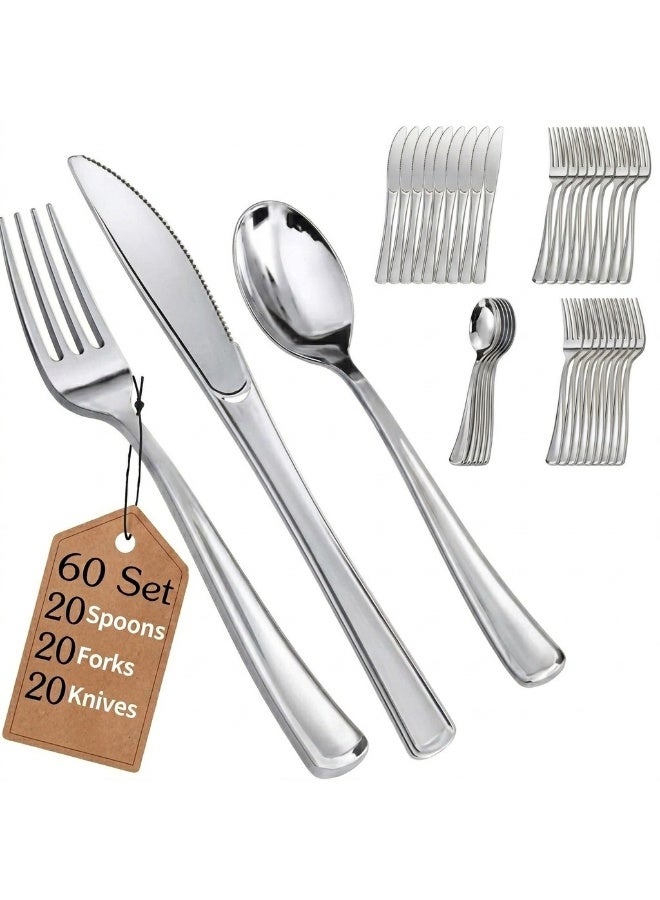 4basix Premium Silver Plastic Cutlery Set, 60 Pieces Flatware Collection Includes 20 Spoons 20 Forks And 20 Knives, Reusable Dining Tableware Set For Home Kitchen Serving And Events - Image 1