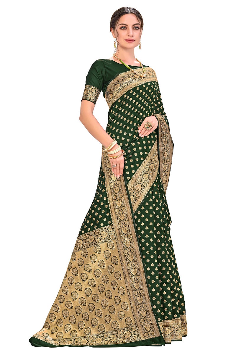 Glory Sarees Women's Woven Pure Soft Kanjivaram Silk Saree Banarasi Style With Blouse Piece for Wedding (kara128_darkgreen_Dark Green) - Image 3