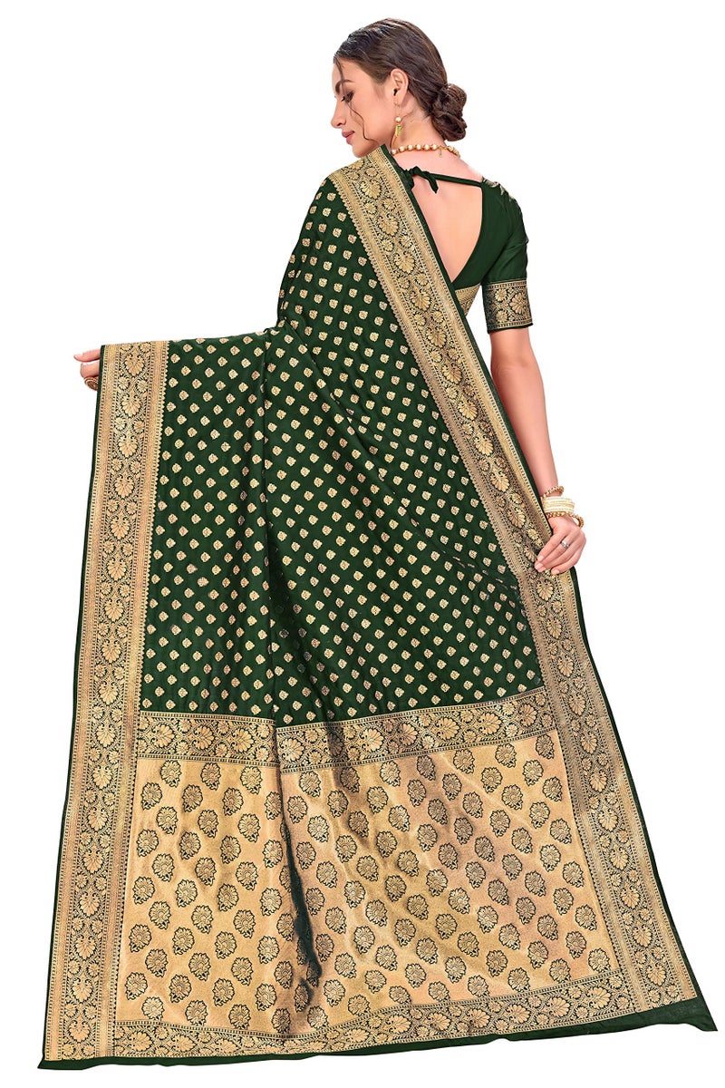 Glory Sarees Women's Woven Pure Soft Kanjivaram Silk Saree Banarasi Style With Blouse Piece for Wedding (kara128_darkgreen_Dark Green) - Image 5