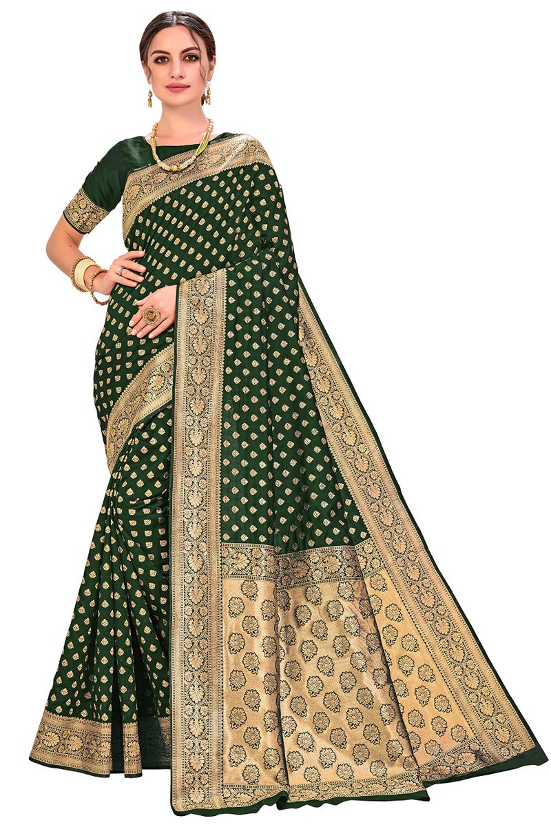 Glory Sarees Women's Woven Pure Soft Kanjivaram Silk Saree Banarasi Style With Blouse Piece for Wedding (kara128_darkgreen_Dark Green) - Image 1