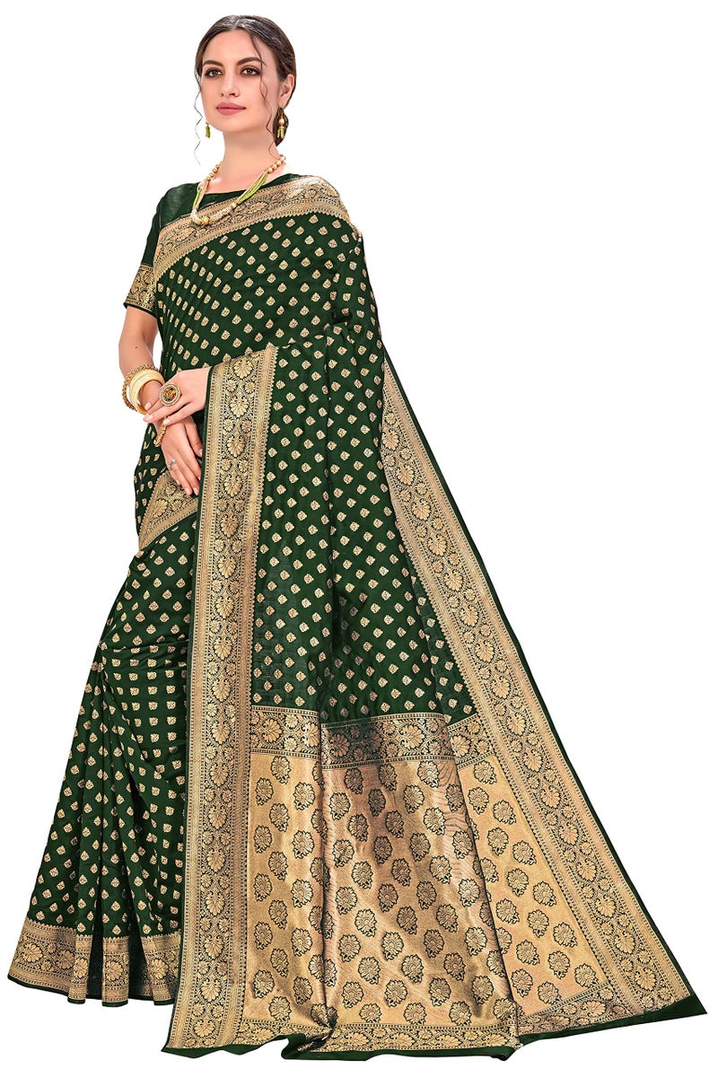 Glory Sarees Women's Woven Pure Soft Kanjivaram Silk Saree Banarasi Style With Blouse Piece for Wedding (kara128_darkgreen_Dark Green) - Image 2
