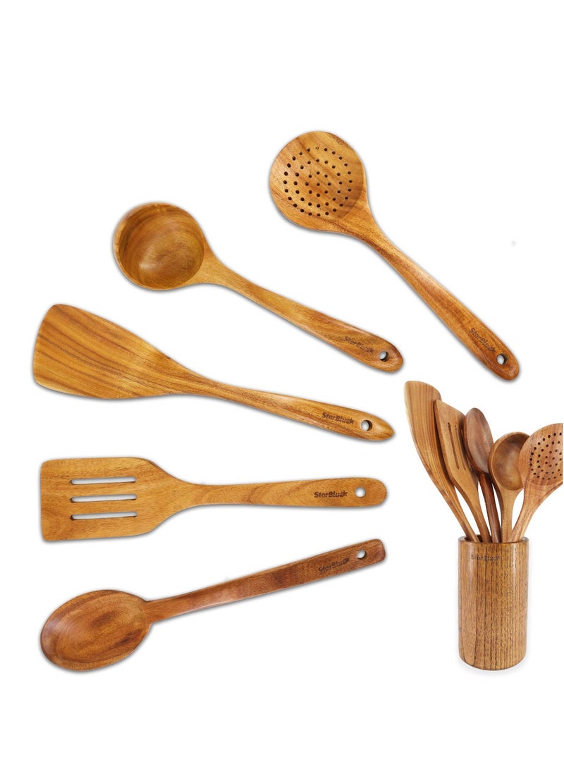 XiuWoo Wooden cutlery set 6 pieces Durable Natural Non-scratch Spatula suitable for non-stick pans  - Image 1
