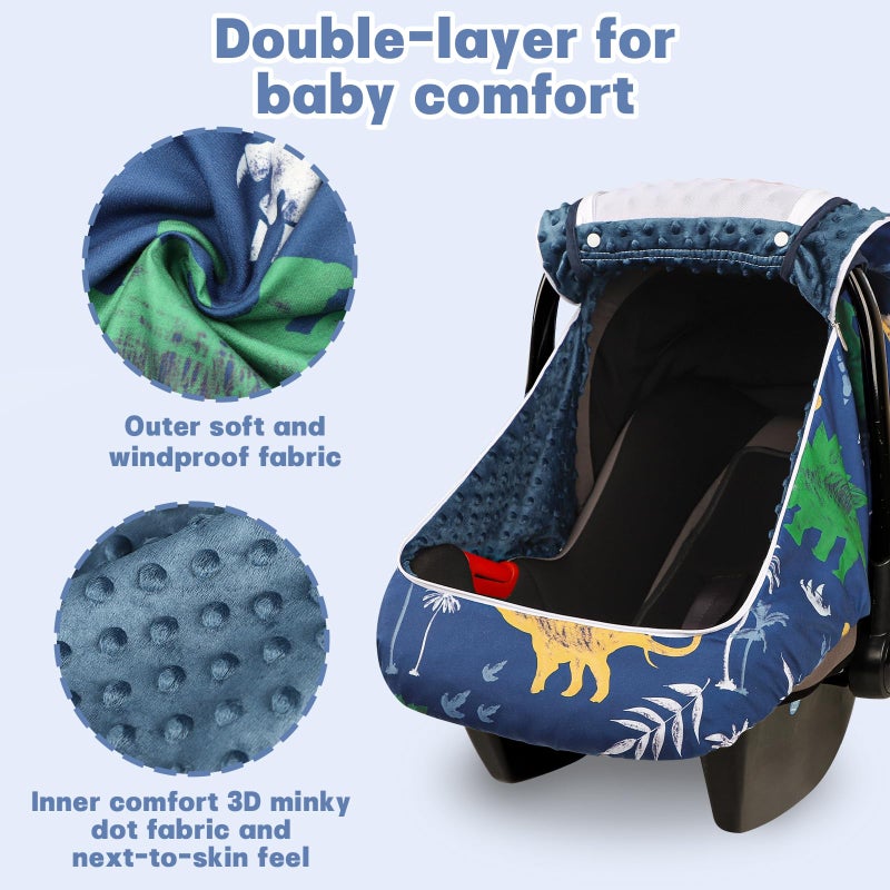 Hooyax Baby Car Seat Cover with Dual Zipper, Extra Large Mesh Window Carseat Canopy, All-Season Weather Protection for Infant Car Seats & Strollers (Dinosaur) - Image 3