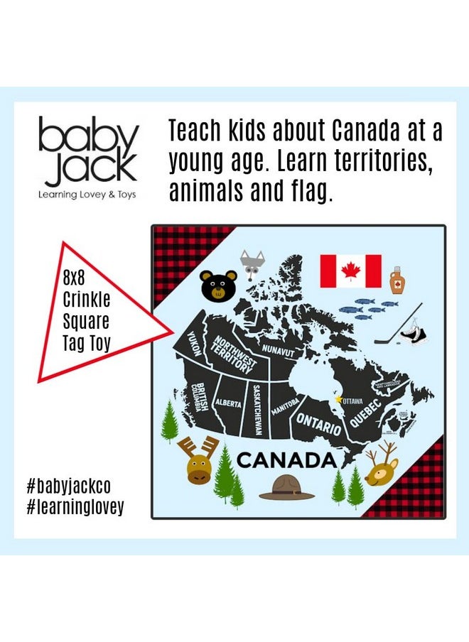 The Learning Lovey Baby Jack & Co 8X8” Learning Lovey Canada Tag Toys For Babies Baby Crinkle Toys Crinkle Toys For Baby Soft & Safe Learn Canada Facts Ideal Baby Toy & Gift Bpa Free W Stroller Clip  - Image 3