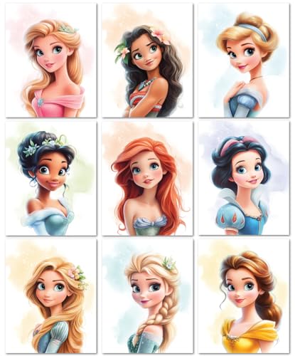Nistio Princess Wall Art for Girls Bedroom Unframed Set of 10 8x10 Ariel Belle Cinderella Elsa Rapunzel Mulan Tiana Moana Snow White Aurora - Image 1
