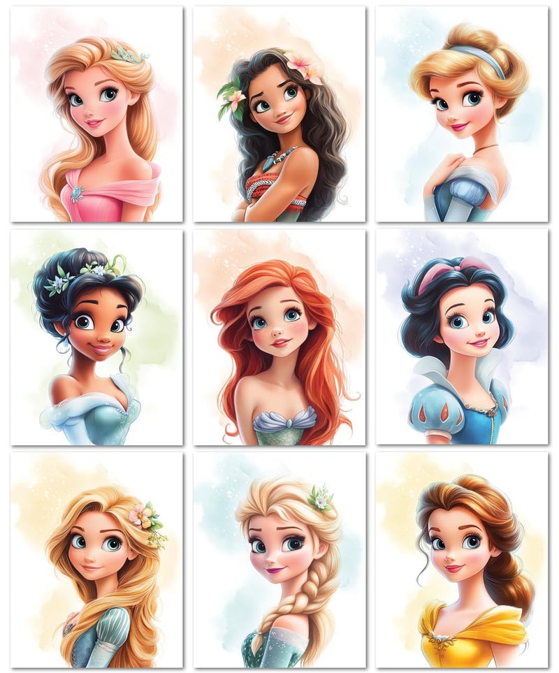 Nistio Princess Wall Art for Girls Bedroom Unframed Set of 10 8x10 Ariel Belle Cinderella Elsa Rapunzel Mulan Tiana Moana Snow White Aurora - Image 2