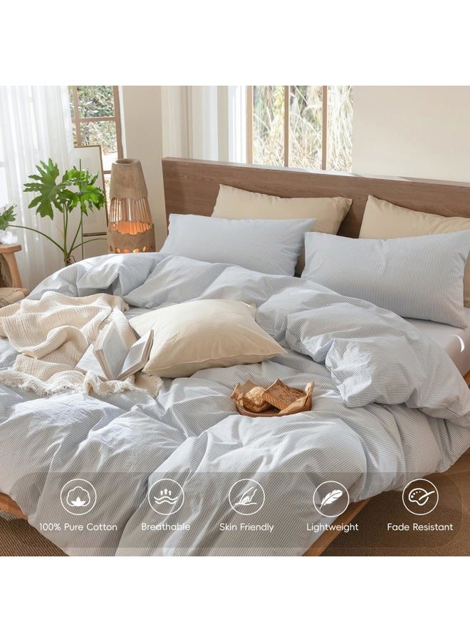 MooMee Striped Duvet Cover Set 100% Washed Cotton Linen Like Textured Breathable Durable Soft Comfy (Cornflower Blue White Pinstripes, Cal King 104"x98") - Image 4