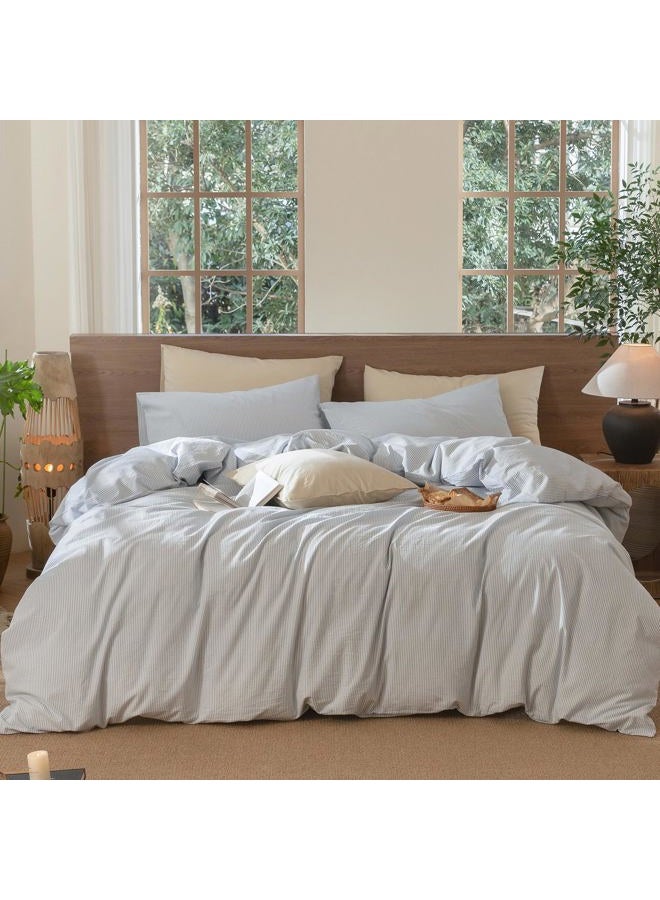 MooMee Striped Duvet Cover Set 100% Washed Cotton Linen Like Textured Breathable Durable Soft Comfy (Cornflower Blue White Pinstripes, Cal King 104"x98") - Image 1