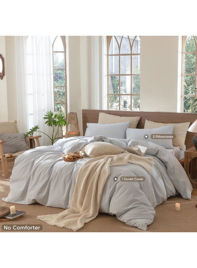 MooMee Striped Duvet Cover Set 100% Washed Cotton Linen Like Textured Breathable Durable Soft Comfy (Cornflower Blue White Pinstripes, Cal King 104"x98") - Image 2