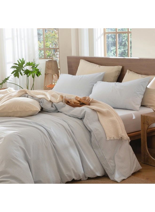 MooMee Striped Duvet Cover Set 100% Washed Cotton Linen Like Textured Breathable Durable Soft Comfy (Cornflower Blue White Pinstripes, Cal King 104"x98") - Image 3