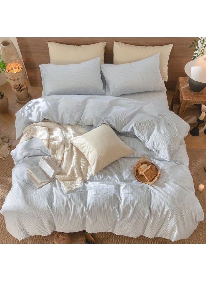 MooMee Striped Duvet Cover Set 100% Washed Cotton Linen Like Textured Breathable Durable Soft Comfy (Cornflower Blue White Pinstripes, Cal King 104"x98") - Image 5