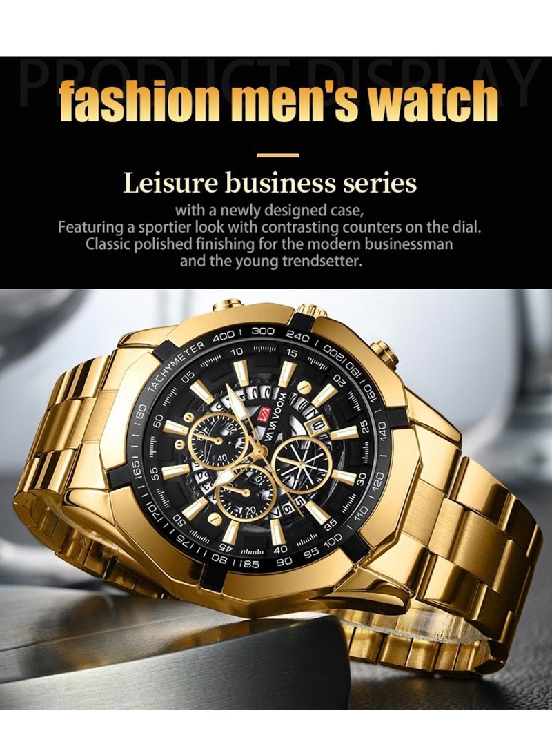 VA VA VOOM Men's Fashion Waterproof Stainless Steel Business Analog Quartz Watch - Gold - Image 2