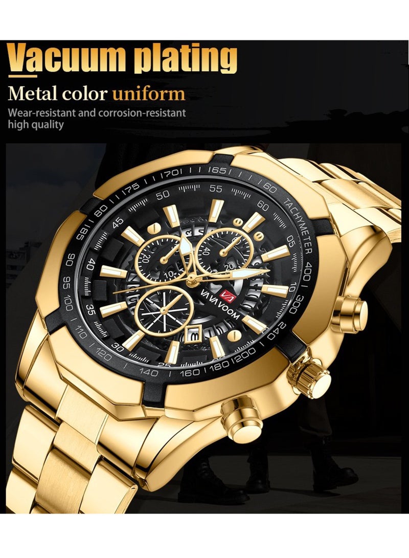VA VA VOOM Men's Fashion Waterproof Stainless Steel Business Analog Quartz Watch - Gold - Image 3