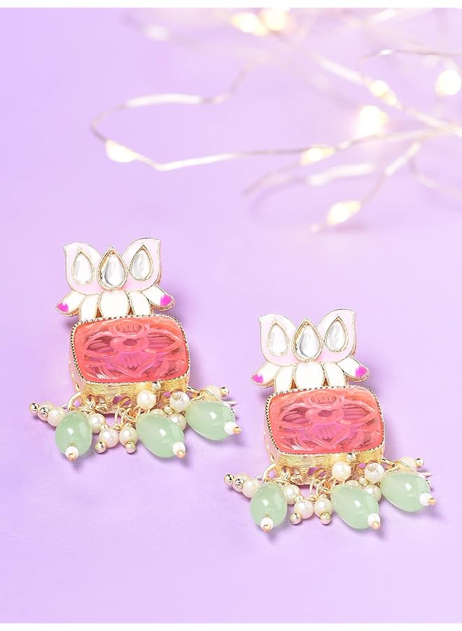 erorex Pink Meenakari Lotus Design Ethnic Green Beads Drop Earring For Women Zpfk14740  - Image 3