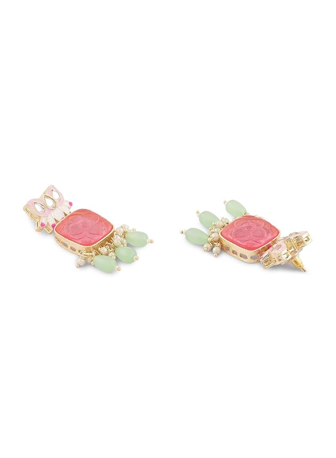 erorex Pink Meenakari Lotus Design Ethnic Green Beads Drop Earring For Women Zpfk14740  - Image 5