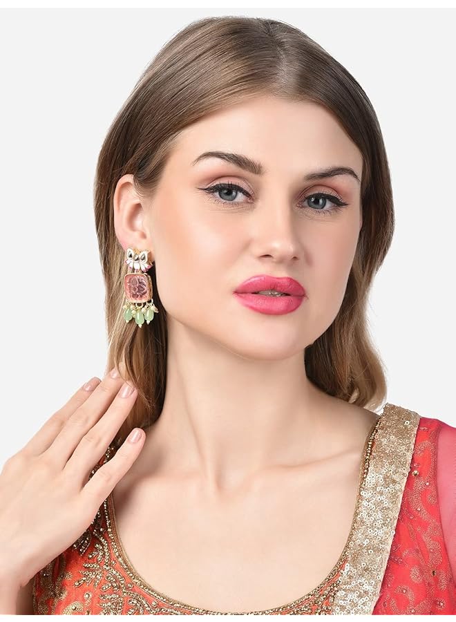 erorex Pink Meenakari Lotus Design Ethnic Green Beads Drop Earring For Women Zpfk14740  - Image 4