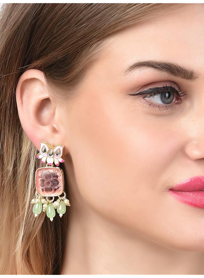 erorex Pink Meenakari Lotus Design Ethnic Green Beads Drop Earring For Women Zpfk14740  - Image 2
