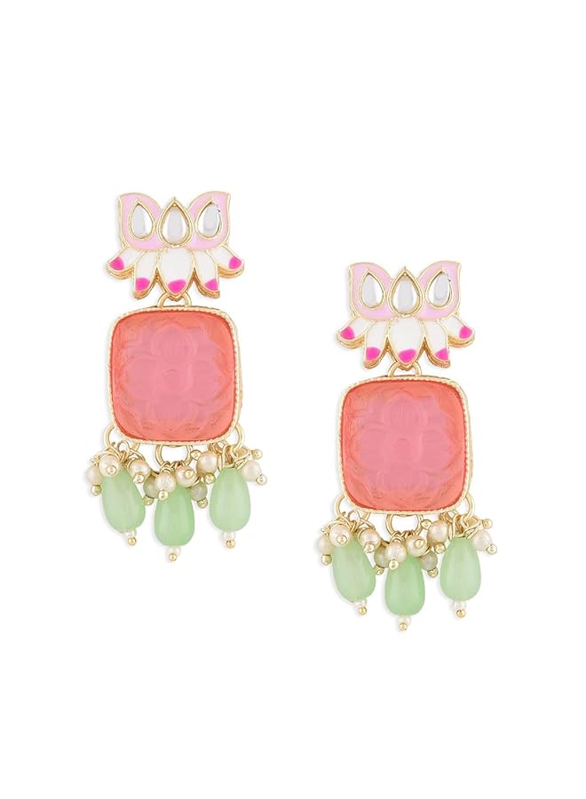 erorex Pink Meenakari Lotus Design Ethnic Green Beads Drop Earring For Women Zpfk14740  - Image 1