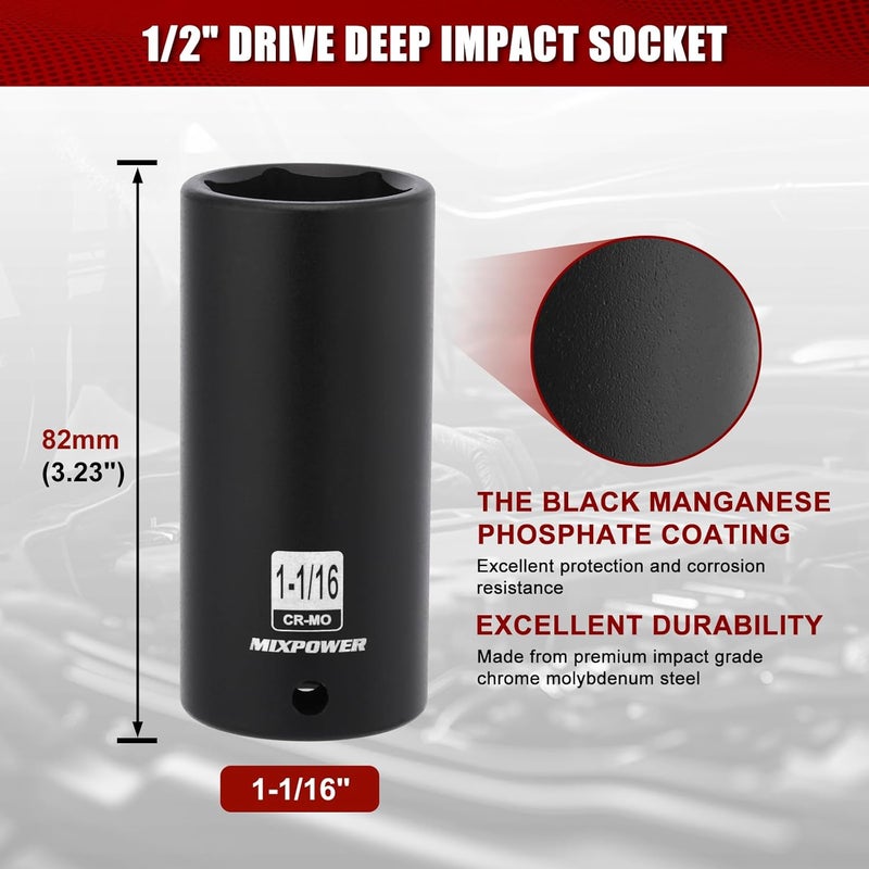MIXPOWER 1/2" Drive Deep Impact Socket, CR-MO, 1-1/16", 6 Point, Radius Corner Design, Axle Nut Impact Grade Socket for Easy Removal - Image 3