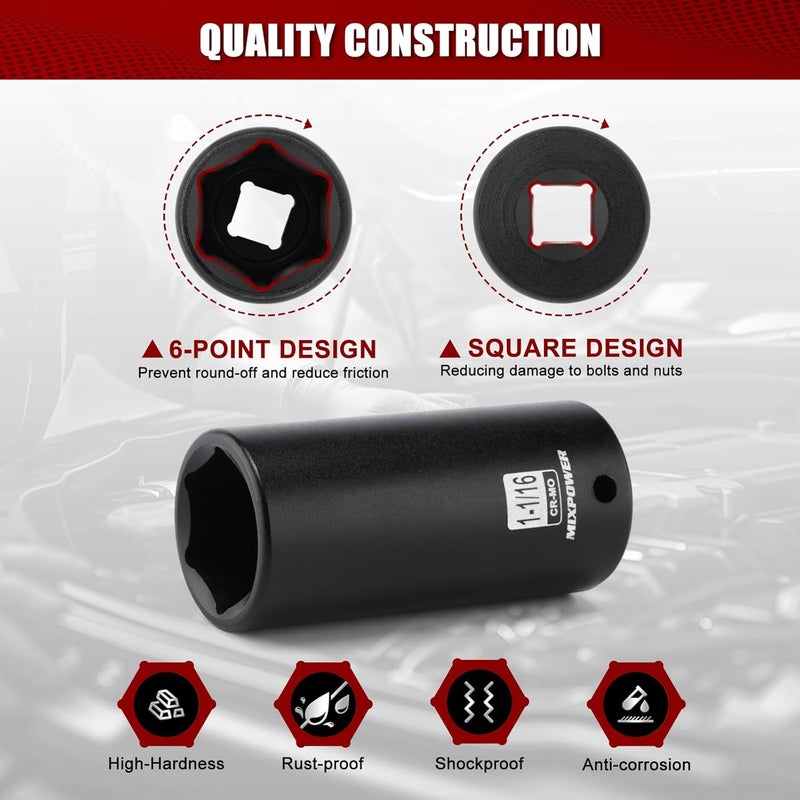 MIXPOWER 1/2" Drive Deep Impact Socket, CR-MO, 1-1/16", 6 Point, Radius Corner Design, Axle Nut Impact Grade Socket for Easy Removal - Image 4