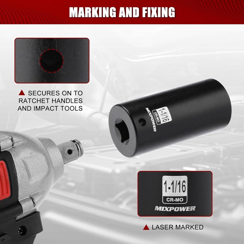 MIXPOWER 1/2" Drive Deep Impact Socket, CR-MO, 1-1/16", 6 Point, Radius Corner Design, Axle Nut Impact Grade Socket for Easy Removal - Image 5