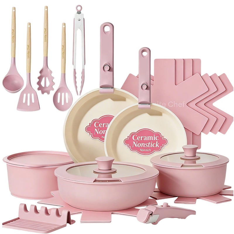 Umite Chef Pots and Pans Set Non Stick, 21 pcs Nonstick Ceramic Cookware Set, RV Kitchen Cooking Set with Detachable Handles, Oven Safe, Induction Cookware, Stackable, Pink, PFAS PFOA & PTFE Free - Image 1