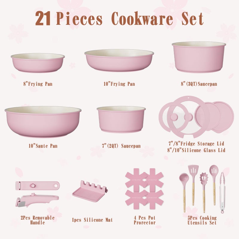 Umite Chef Pots and Pans Set Non Stick, 21 pcs Nonstick Ceramic Cookware Set, RV Kitchen Cooking Set with Detachable Handles, Oven Safe, Induction Cookware, Stackable, Pink, PFAS PFOA & PTFE Free - Image 2