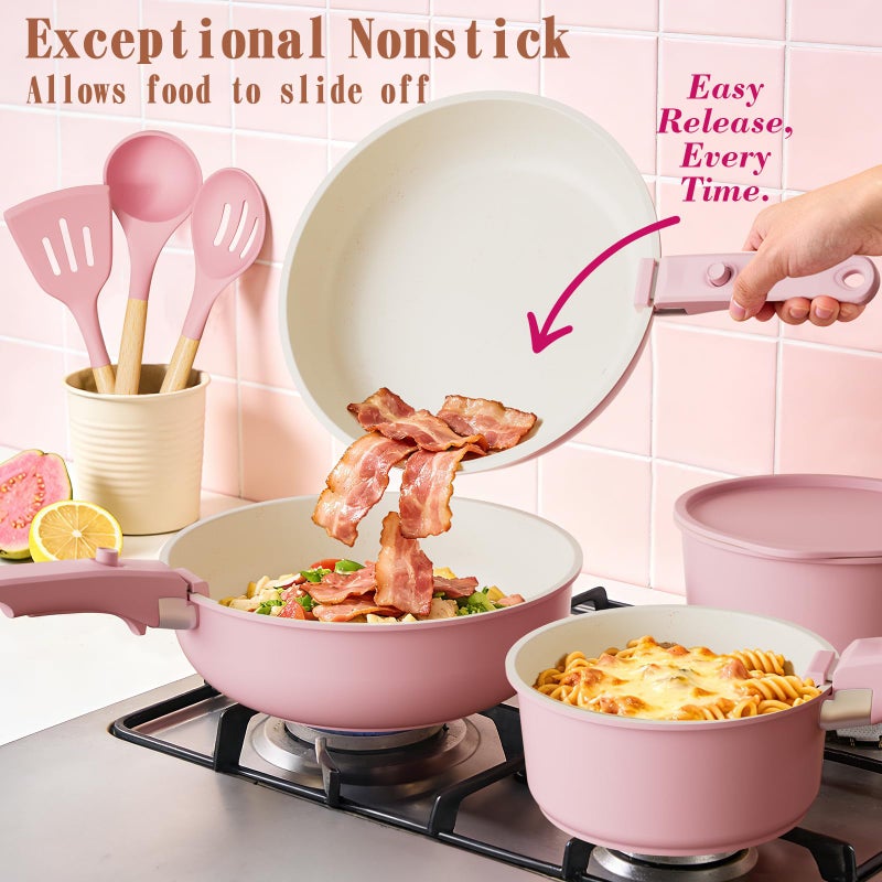 Umite Chef Pots and Pans Set Non Stick, 21 pcs Nonstick Ceramic Cookware Set, RV Kitchen Cooking Set with Detachable Handles, Oven Safe, Induction Cookware, Stackable, Pink, PFAS PFOA & PTFE Free - Image 4