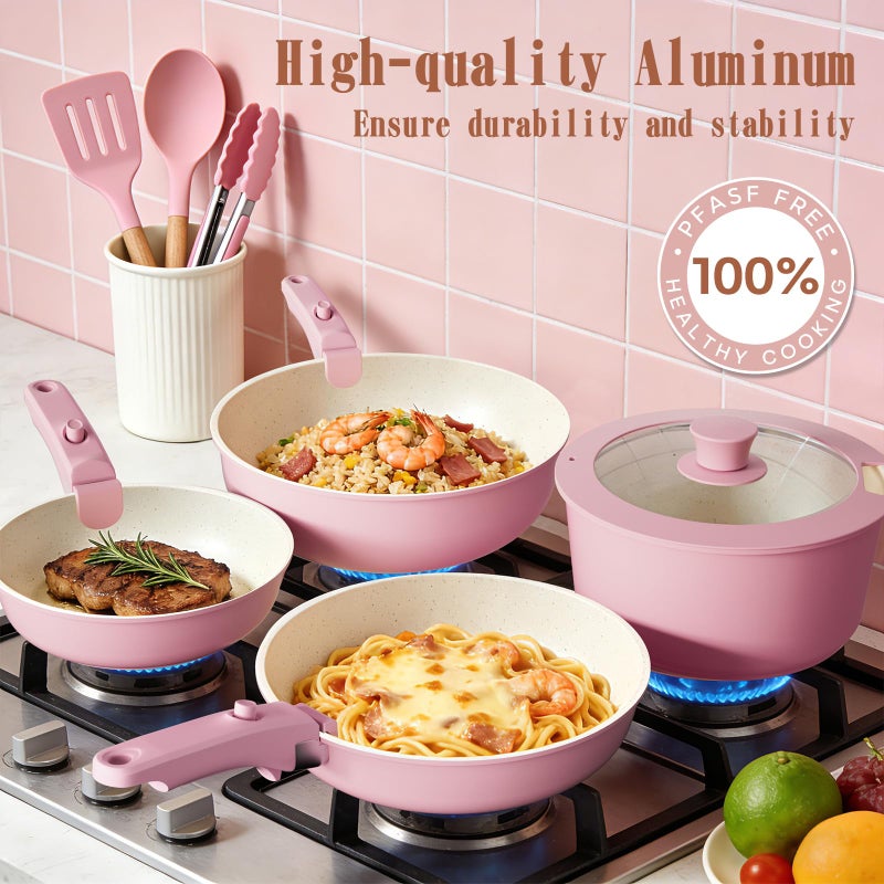 Umite Chef Pots and Pans Set Non Stick, 21 pcs Nonstick Ceramic Cookware Set, RV Kitchen Cooking Set with Detachable Handles, Oven Safe, Induction Cookware, Stackable, Pink, PFAS PFOA & PTFE Free - Image 3