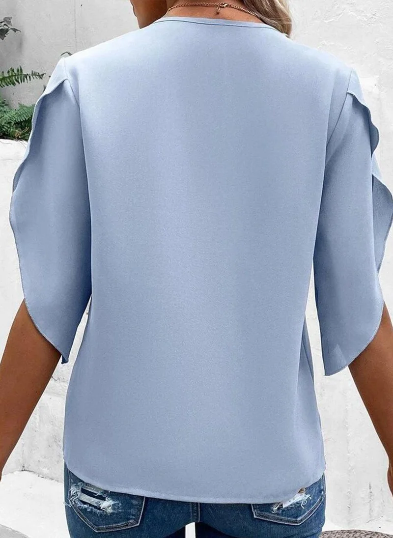 YUNIQEE Blue V-Neck Three-Quarter Sleeves Solid Top