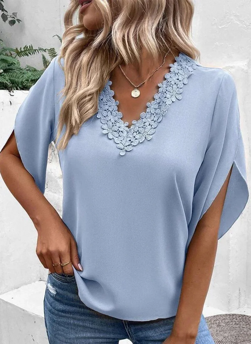 YUNIQEE Blue V-Neck Three-Quarter Sleeves Solid Top