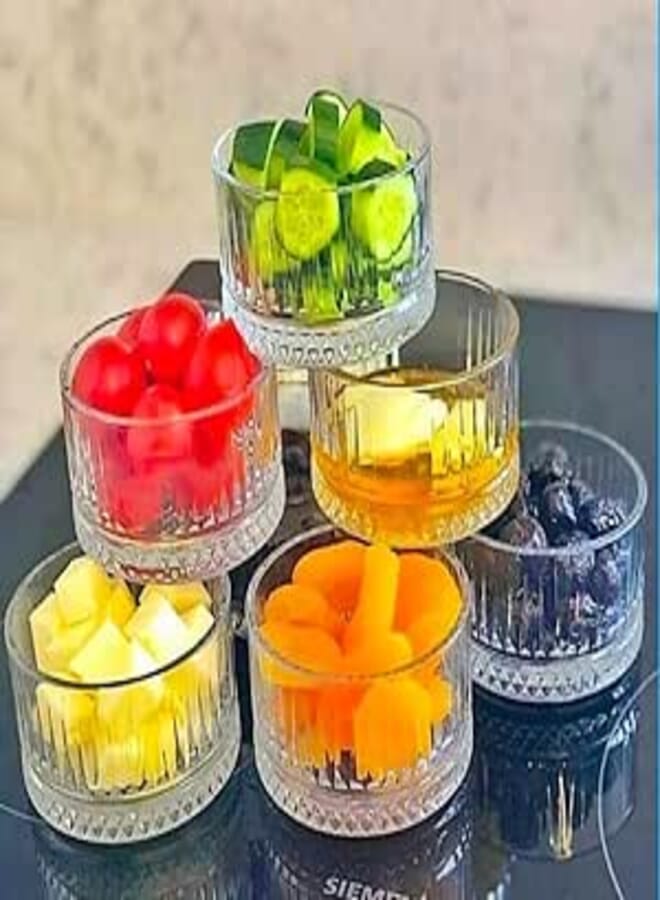 Kandil Set of 6 Round Glass Bowls, 240ml Capacity, Clear, Fruit Pattern, Dishwasher & Microwave Safe