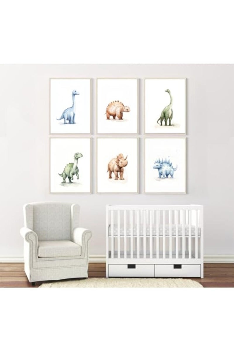 Youillne Dinosaur Watercolor Wall Art Decor Dino Boys Room Canvas Wall Art Nursery Kids Prints Toddler Dinosaur Poster Boys Kids Artwork Dinosaur Nursery Pictures for Boys Room 8x10 Inch Framed Set of 6 - Image 5