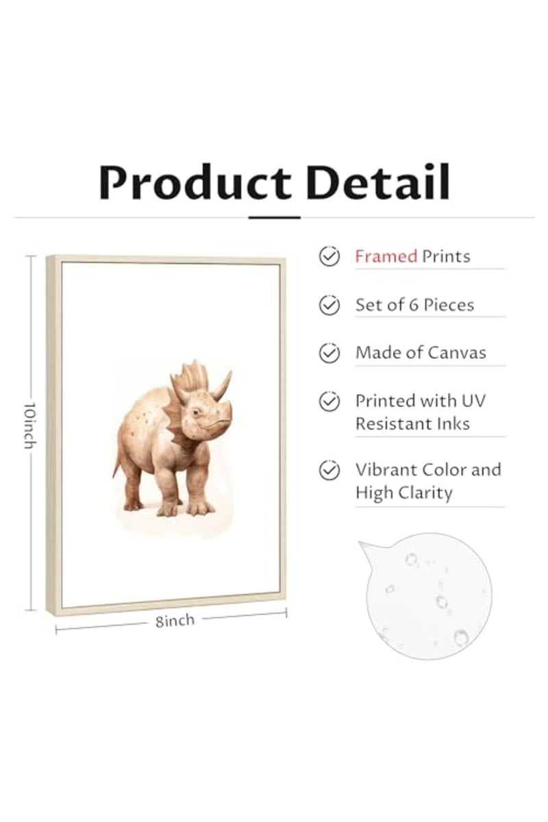 Youillne Dinosaur Watercolor Wall Art Decor Dino Boys Room Canvas Wall Art Nursery Kids Prints Toddler Dinosaur Poster Boys Kids Artwork Dinosaur Nursery Pictures for Boys Room 8x10 Inch Framed Set of 6 - Image 3