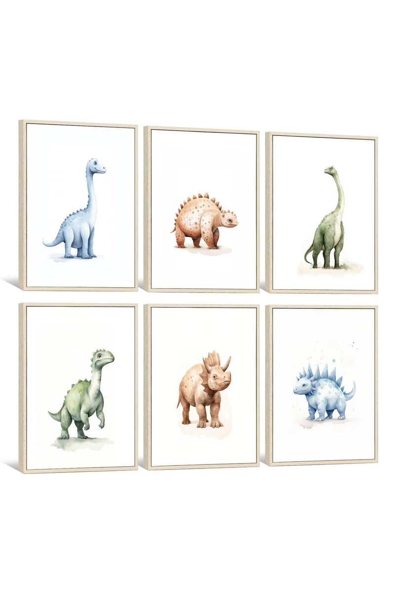 Youillne Dinosaur Watercolor Wall Art Decor Dino Boys Room Canvas Wall Art Nursery Kids Prints Toddler Dinosaur Poster Boys Kids Artwork Dinosaur Nursery Pictures for Boys Room 8x10 Inch Framed Set of 6 - Image 1