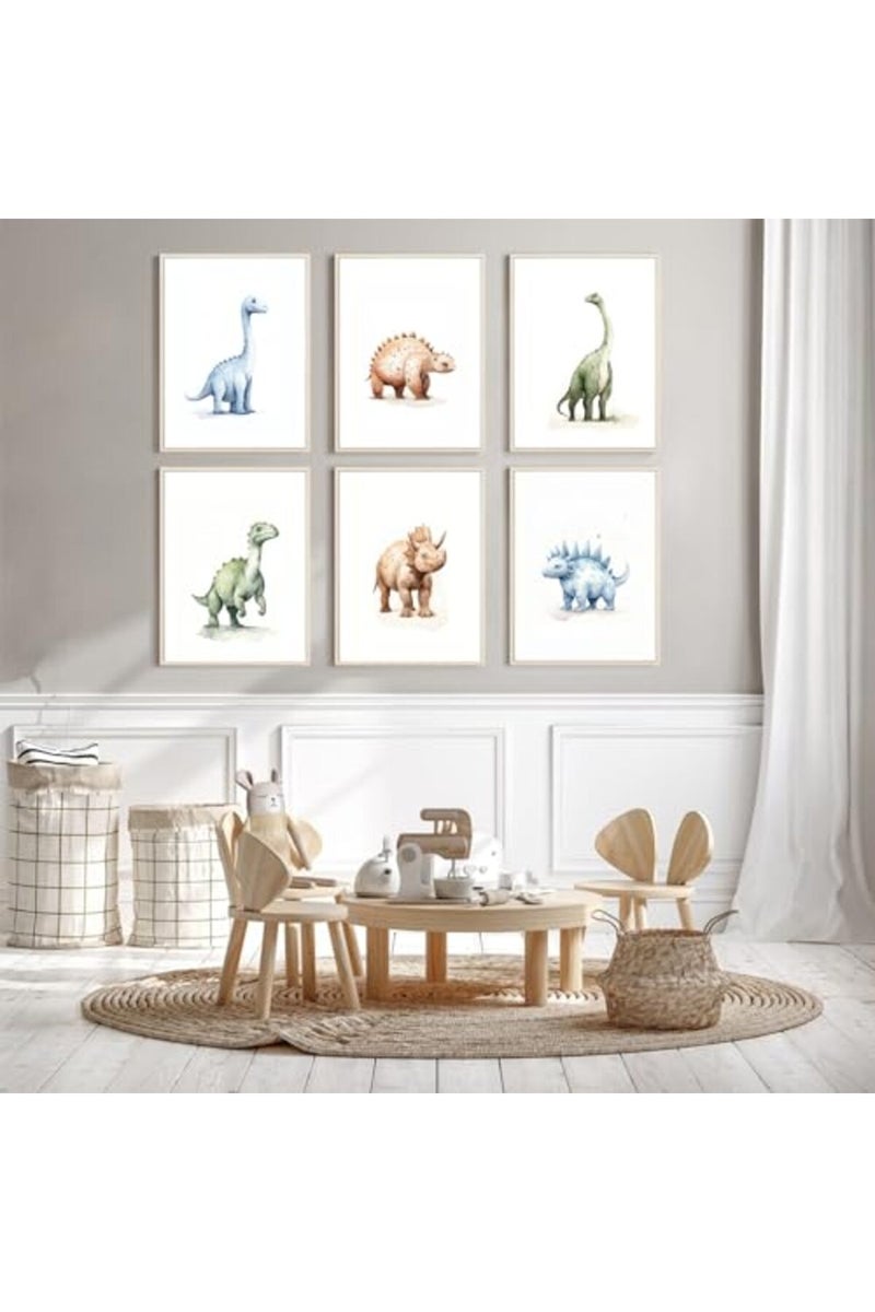 Youillne Dinosaur Watercolor Wall Art Decor Dino Boys Room Canvas Wall Art Nursery Kids Prints Toddler Dinosaur Poster Boys Kids Artwork Dinosaur Nursery Pictures for Boys Room 8x10 Inch Framed Set of 6 - Image 4