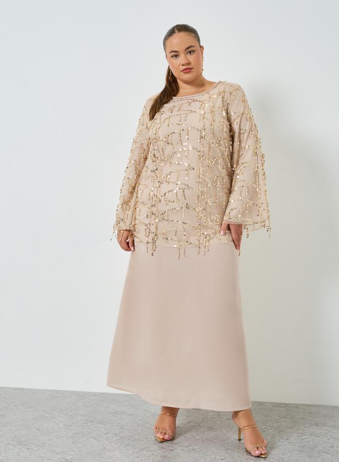 Styli Plus Size Beige Sequin Long Sleeves A-Line Maxi Dress - Image 3