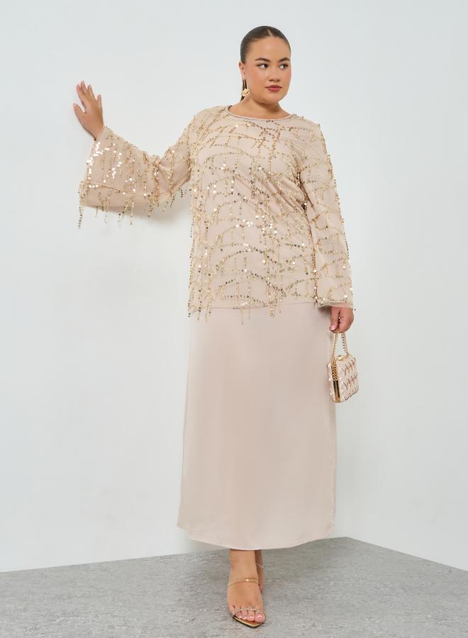Styli Plus Size Beige Sequin Long Sleeves A-Line Maxi Dress - Image 1