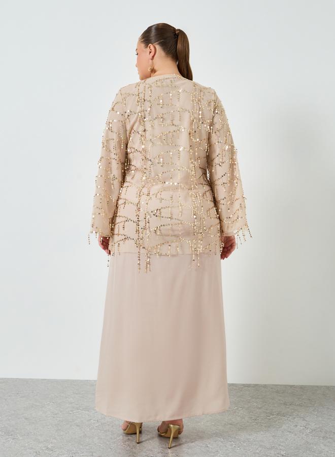 Styli Plus Size Beige Sequin Long Sleeves A-Line Maxi Dress - Image 5