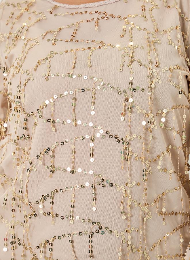 Styli Plus Size Beige Sequin Long Sleeves A-Line Maxi Dress - Image 4