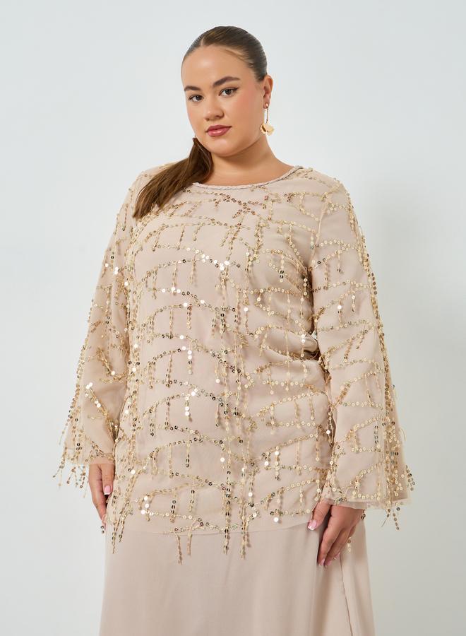 Styli Plus Size Beige Sequin Long Sleeves A-Line Maxi Dress - Image 2