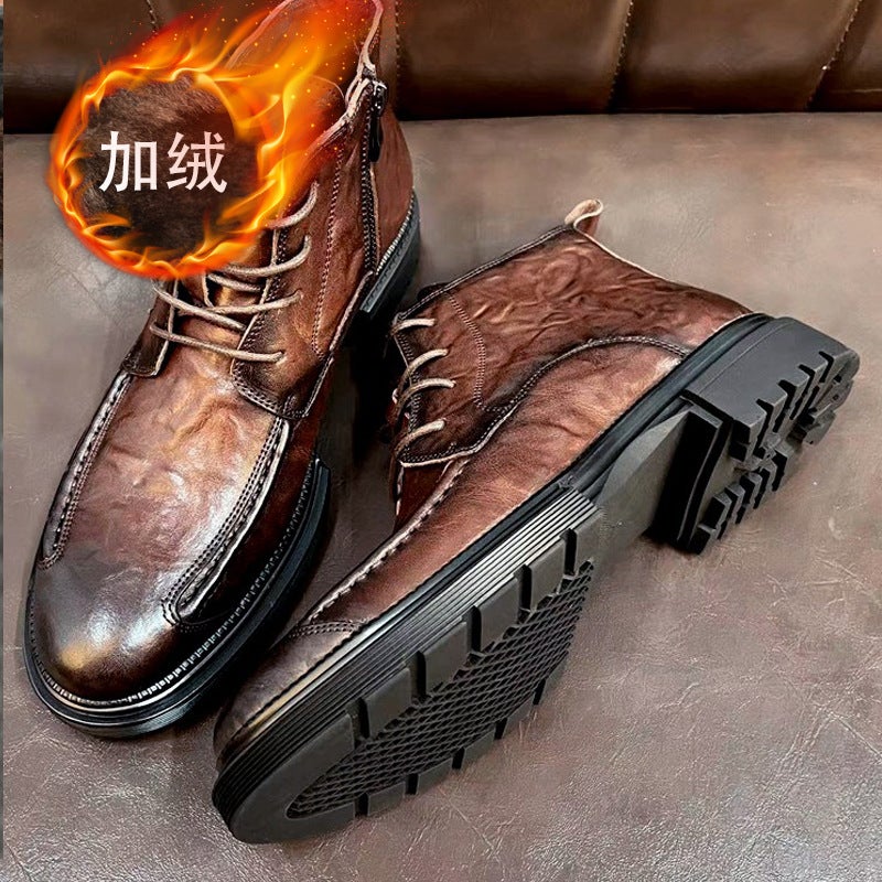 Genuine Leather Martin Boots Fleece-Lined First Layer Cowhide Fashionable Versatile Wear-Resistant Breathable Zipper Style Thick Sole Round Toe - Image 1