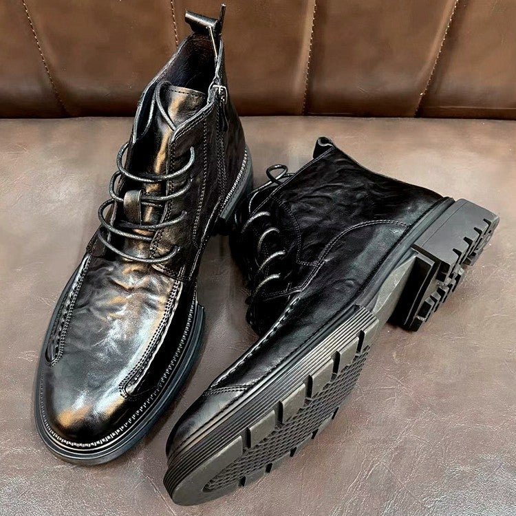Genuine Leather Martin Boots Fleece-Lined First Layer Cowhide Fashionable Versatile Wear-Resistant Breathable Zipper Style Thick Sole Round Toe - Image 3