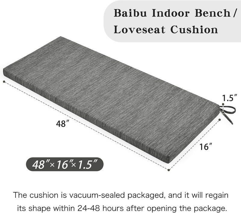 BAIBU 48 Inch Classic Solid Color Bench Cushion with Ties, Non-Slip Indoor Rectangle Bench Seat Cushion Standard Size Foam Pad with Machine Washable Cover - One Pad Only (Grey, 48x16x1.5 Inch) - Image 3