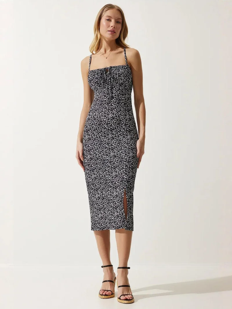 السعادة في إسطنبول ISTANBUL Floral Ribbed Bodycon Midi Dress with Slit